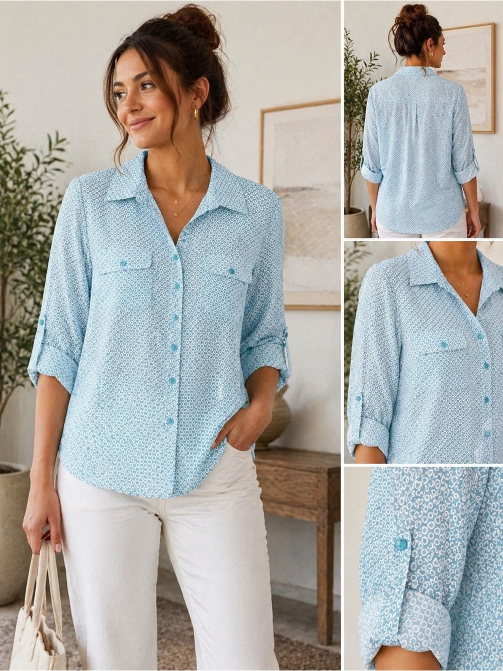 NWT Notations Petite Blue Geometric Button Front Blouse Roll Tap Sleeves Top LP - Picture 2 of 10